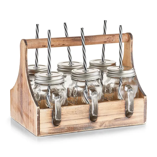 zeller-present-k-che-trinkgl-ser-set-7-tlg-glas-holz-mit-strohhalm image 1