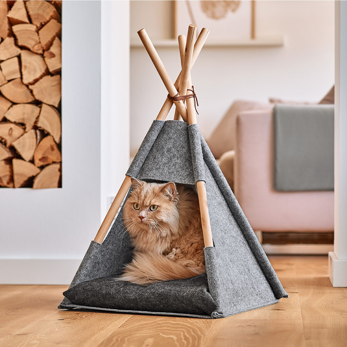 zeller-present-home-living-tipi-katzenzelt-filz-holz-grau image 3
