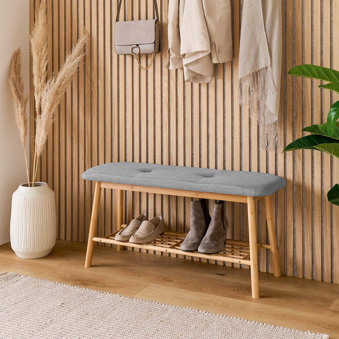 zeller-present-home-living-schuhbank-mit-ablage-bambus-leinen-grau image 4